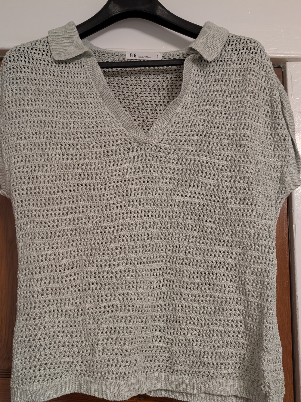 FIG Open-Knit Polo Sweater Top in Light Sage